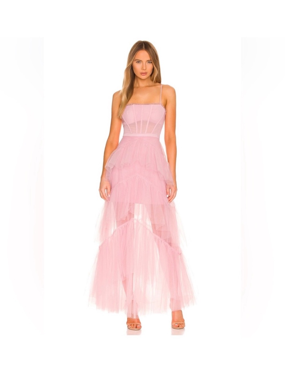 BCBGMaxAzria Blush Pink Tiered Tulle Maxi Dress